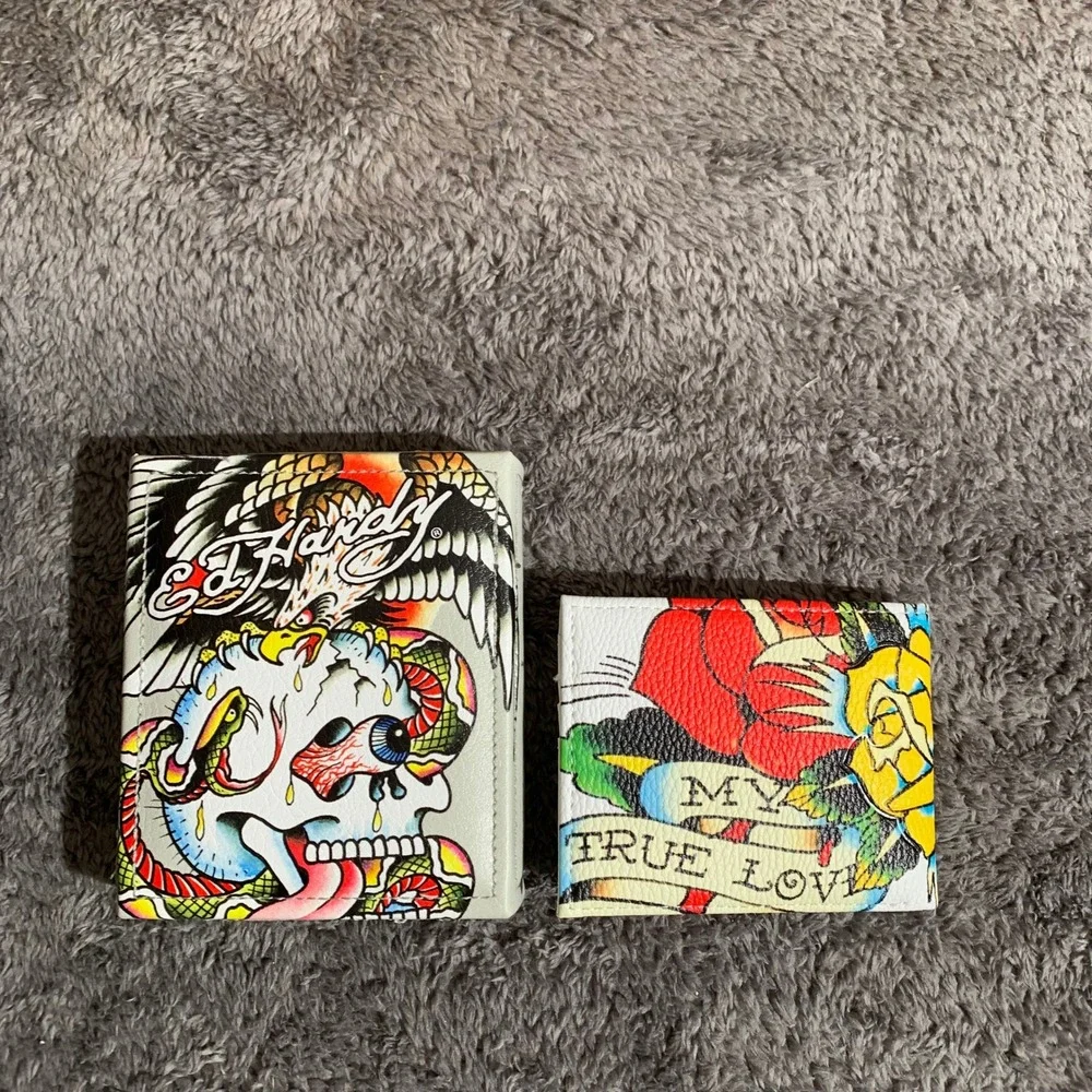 Ed Hardy Mens White Tattoo Flash Skull Eagle Bifold Wallet NEW WBox